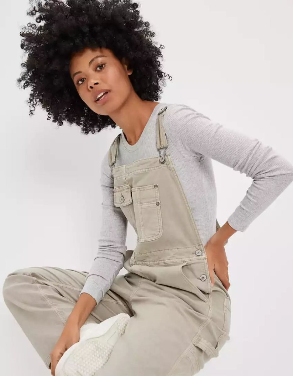 Jean American Eagle AE Stretch Baggy Overall Vert Olive Femme | LUC-02810251